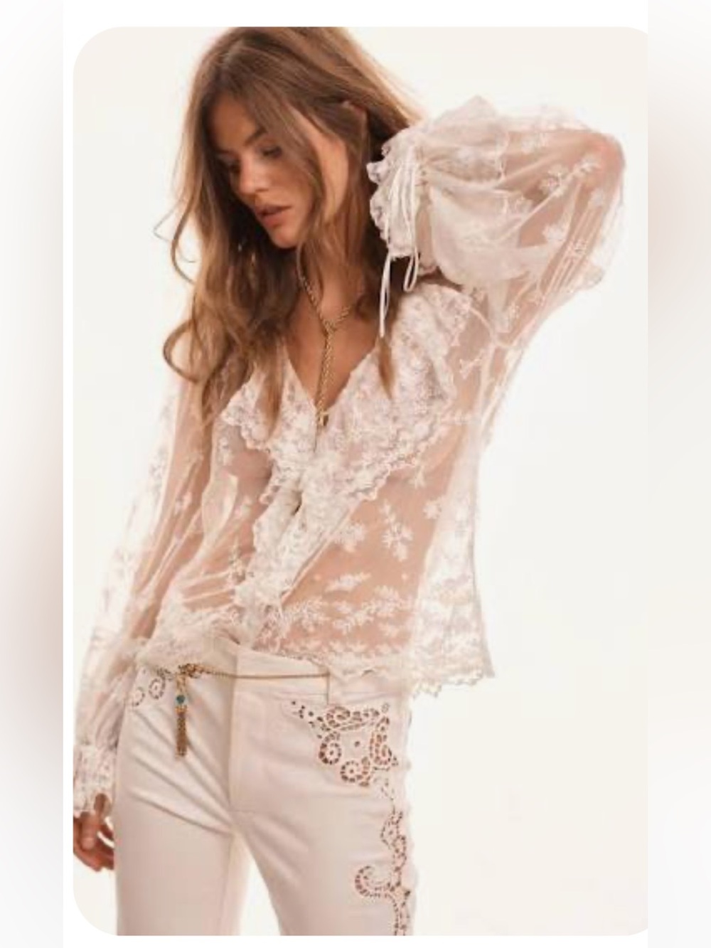 NWT LoveShackFancy WHITE AUBRENNA LACE EMBROIDERED LS BLOUSE Size XS